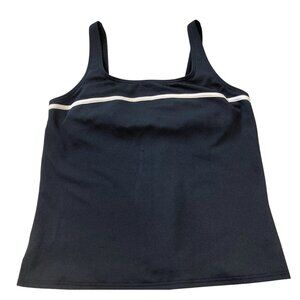Lands End Tankini Swim Top Womens 12 Solid Black Modest Swimsuit White Stripe